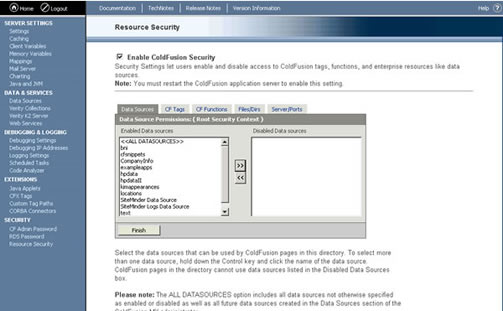 Страница 'Resource Security' в ColdFusion MX Professional.