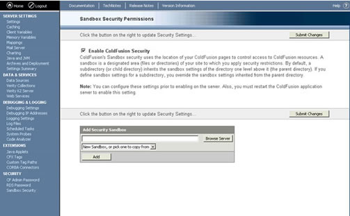 Страница 'Sandbox Security' в ColdFusion MX Enterprise.