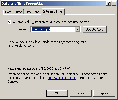 Настраиваем Интернет время в Windows Server 2003